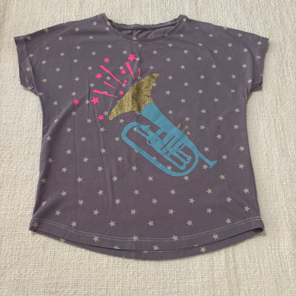 Mini Boden Girls Purple Star Tuba Graphic Glitter T-Shirt 4-5Y Made in Portugal